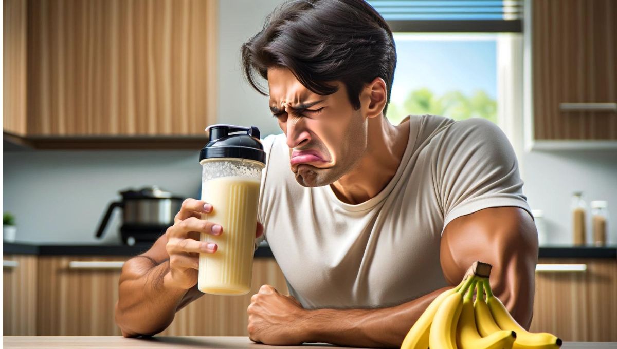 バナナ味のプロテインをまずそうに飲む様子