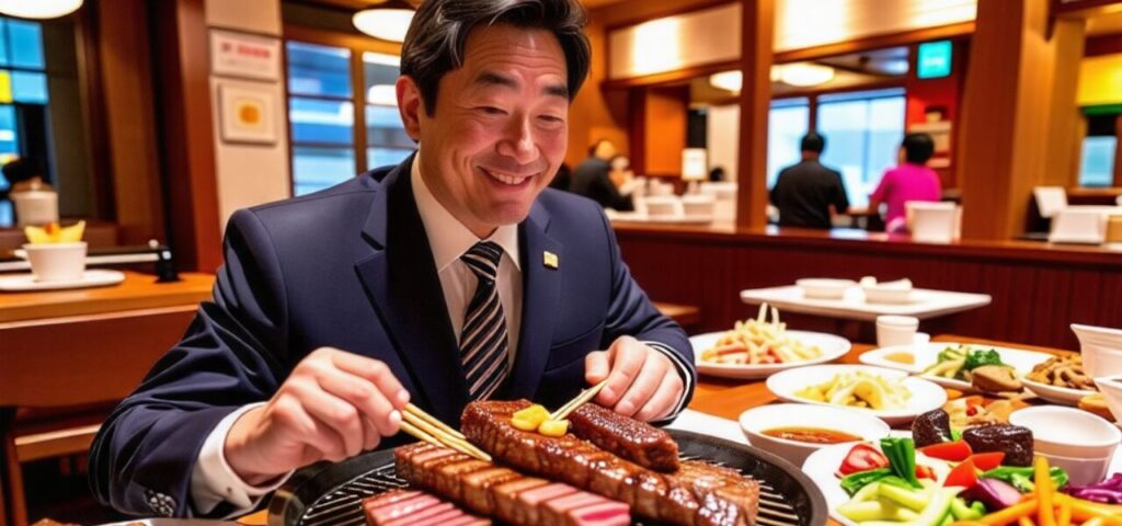 焼き肉を満喫している日本人サラリーマン
